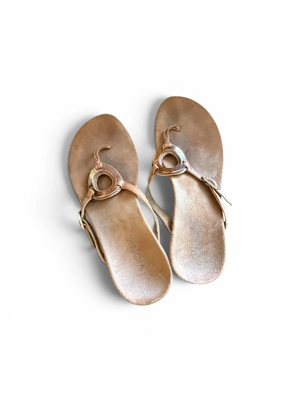 Vionic Brown Leather Ring-Detail Thong Sandals